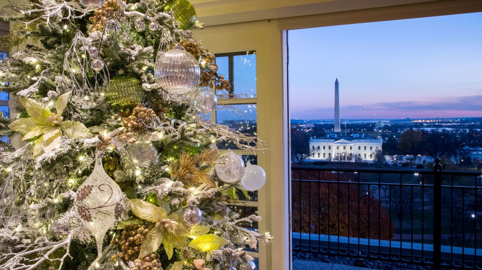 Christmas tree overlooking White House at holiday party